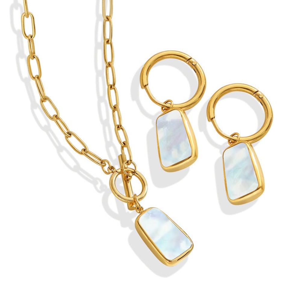 18K Gold Plated Chain Necklace and Earrings Set*Hoop Earrings Pearl*MLS025